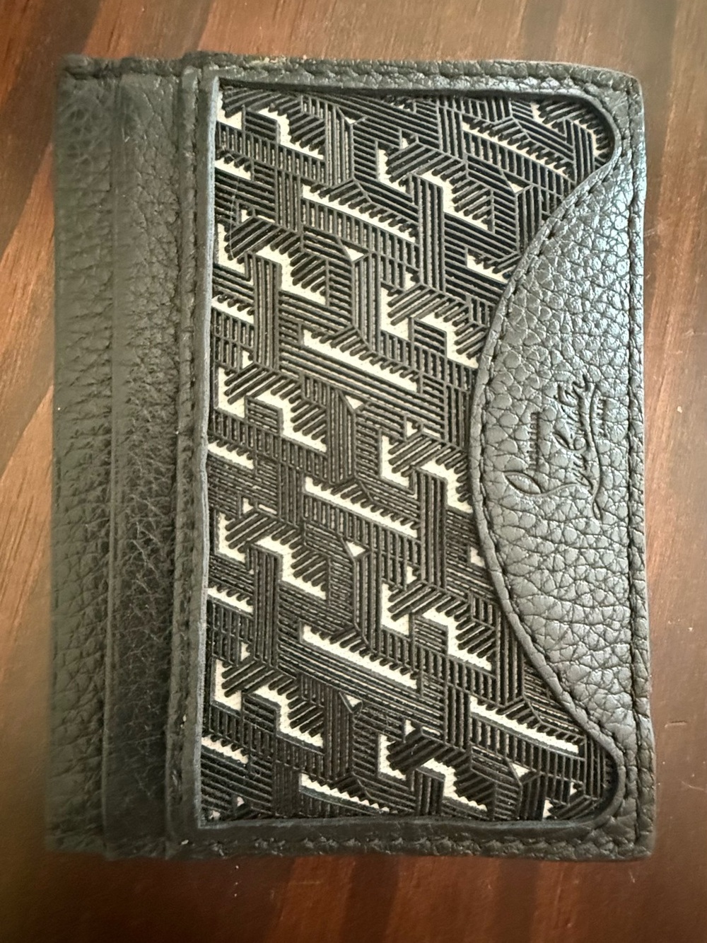Christian Louboutin Black Textured Leather Card Holder with Patterned Panel